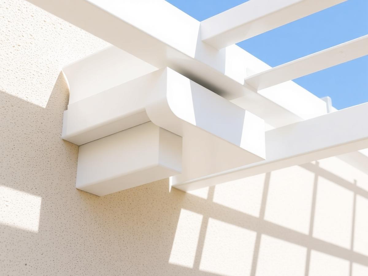 Close-up of a powder-coated aluminum patio cover beam and fascia installed in Riverside, CA