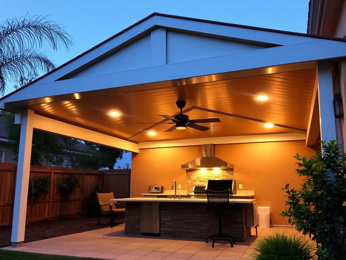Insulated solid-roof aluminum patio cover with recessed lighting over a Riverside outdoor living room