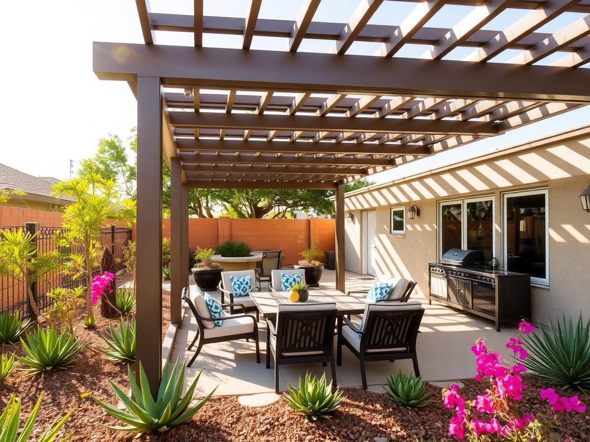 Aluminum lattice patio cover with filtered sunlight in a Wood Streets Riverside backyard
